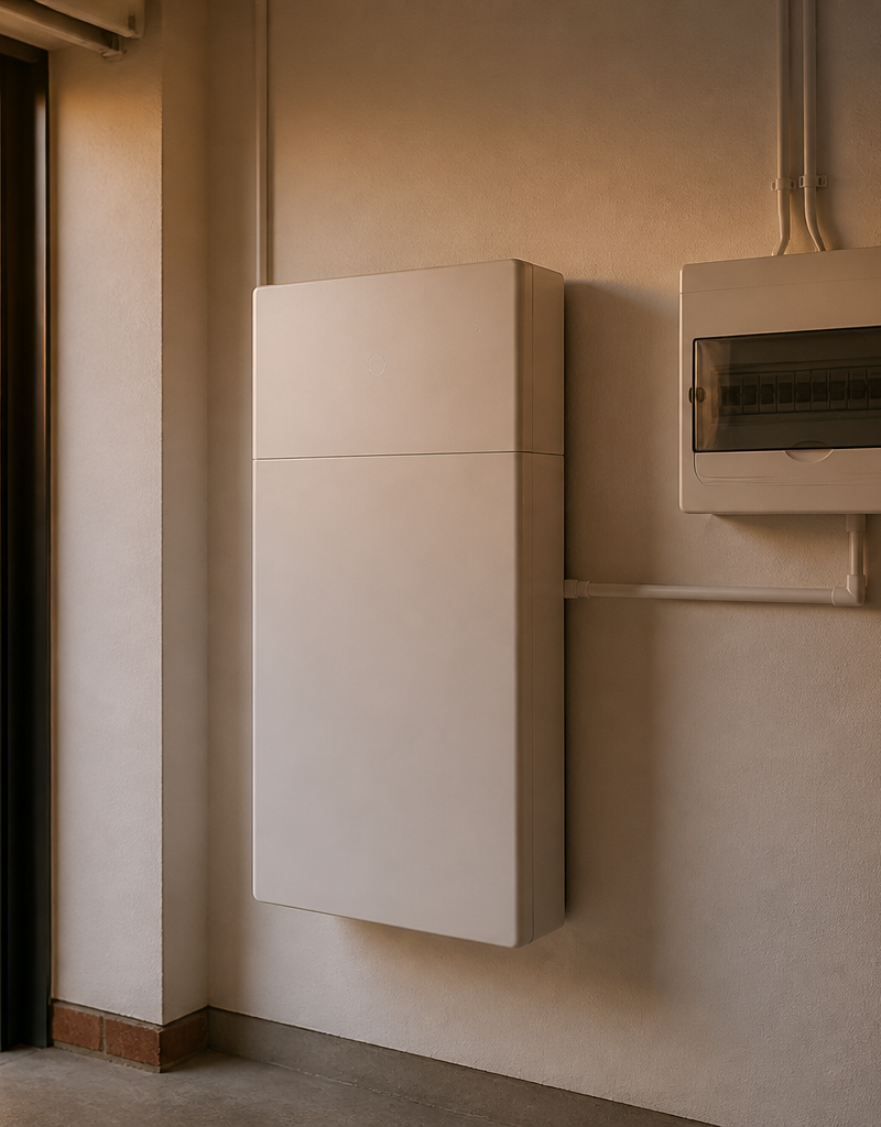 A wall-mounted domestic battery storage unit inside a bright UK garage next to electrical switchgear.