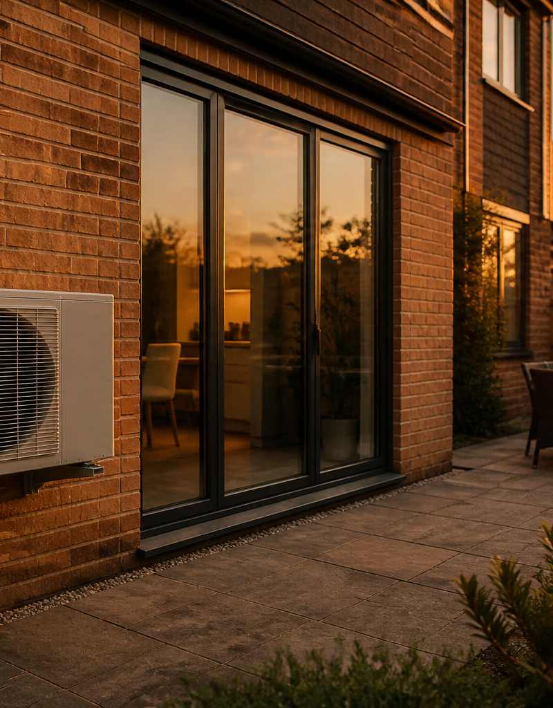 An outdoor air-to-air heat pump unit mounted on the brick exterior wall of a UK residential property.