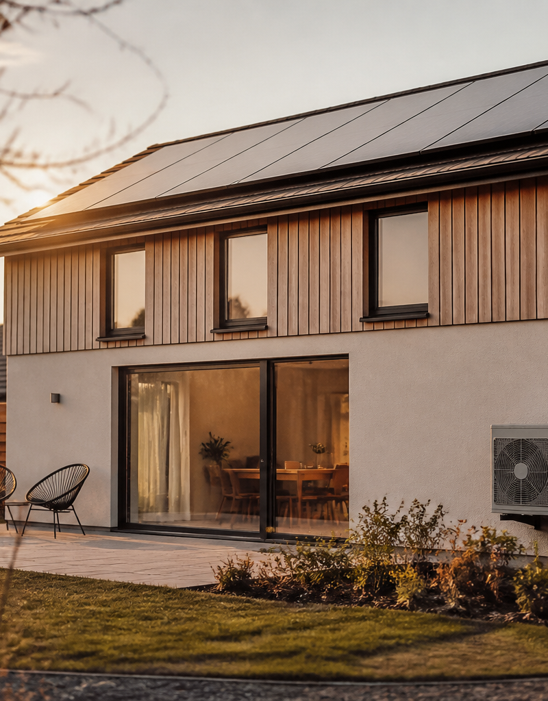 Solar panels on a slate roof and a heat pump compressor unit on a brick wall of a British home.