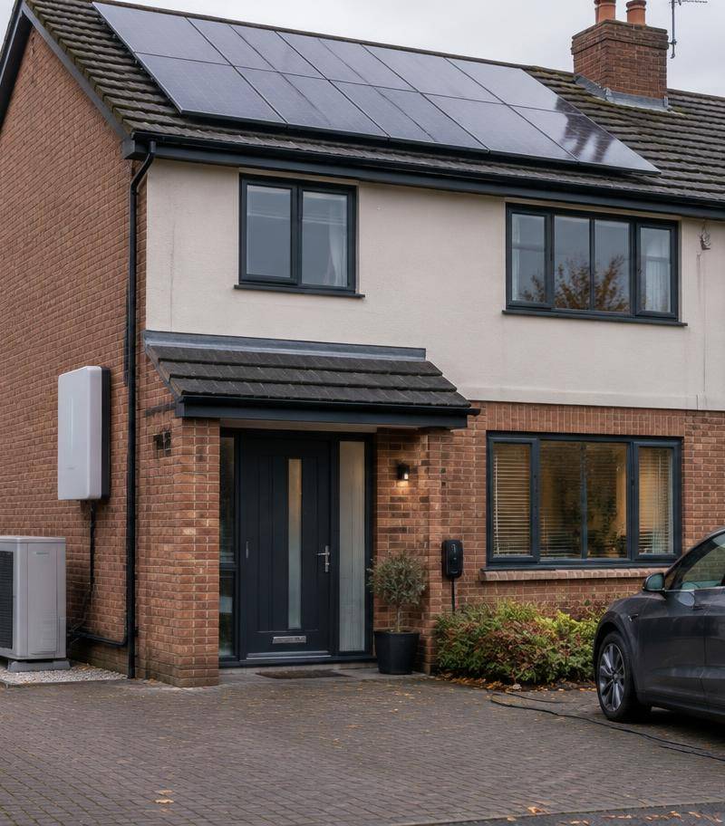 A British home with solar panels, a home battery, a heat pump and an electric car charging on the driveway
