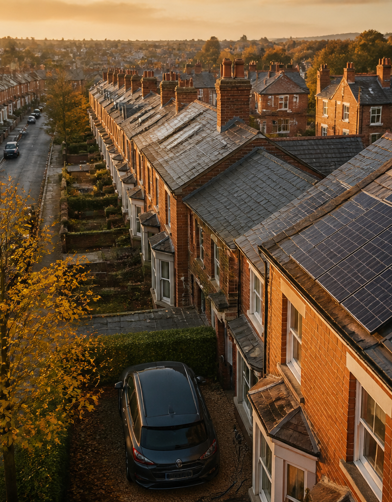 Solar panels installed on slate roof tiles of a brick terraced house in England.