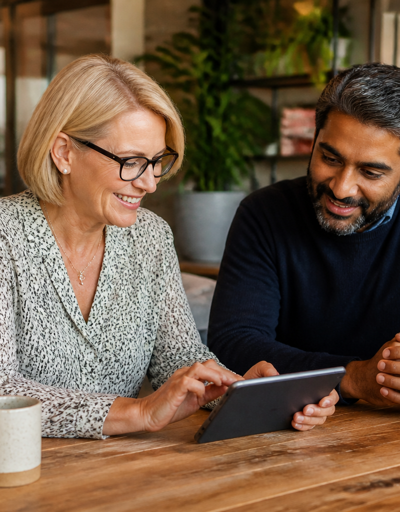 A UK HR lead speaking with a colleague in a modern, well-lit workplace.