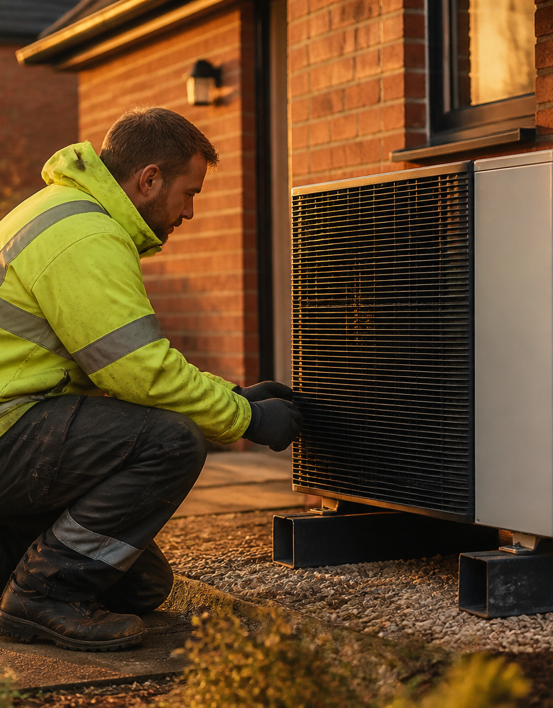 An accredited heating engineer inspecting an air source heat pump outside a British home.