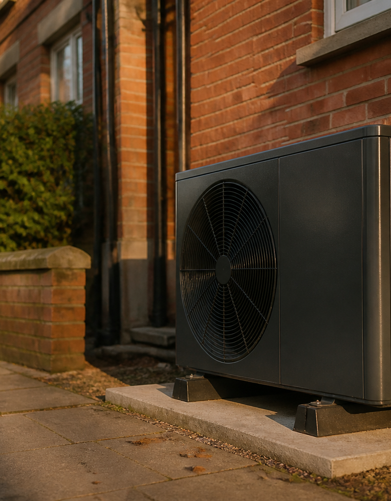 Air source heat pump unit installed beside a British municipal building