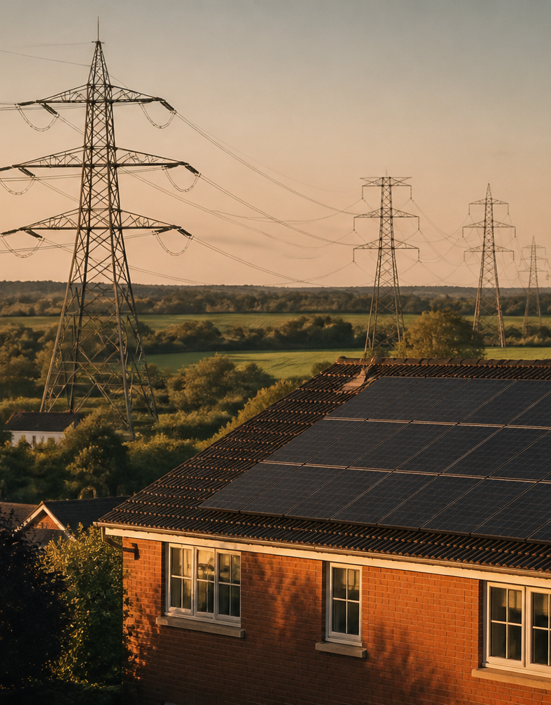 High voltage power pylons in the countryside next to a home with solar panels installed on the roof.