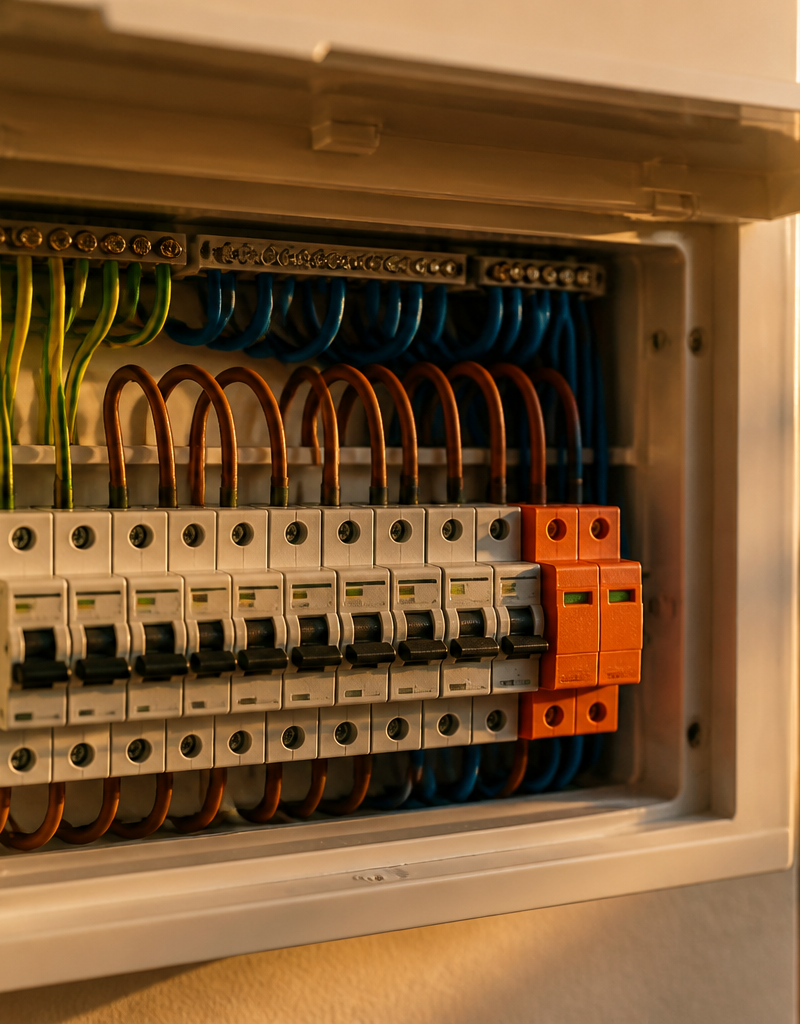 A modern UK electrical consumer unit fitted with surge protection devices and circuit breakers.