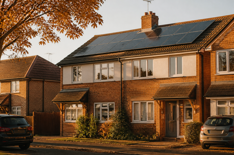 Solar PV panels installed on the roof of a British semi-detached home during autumn.