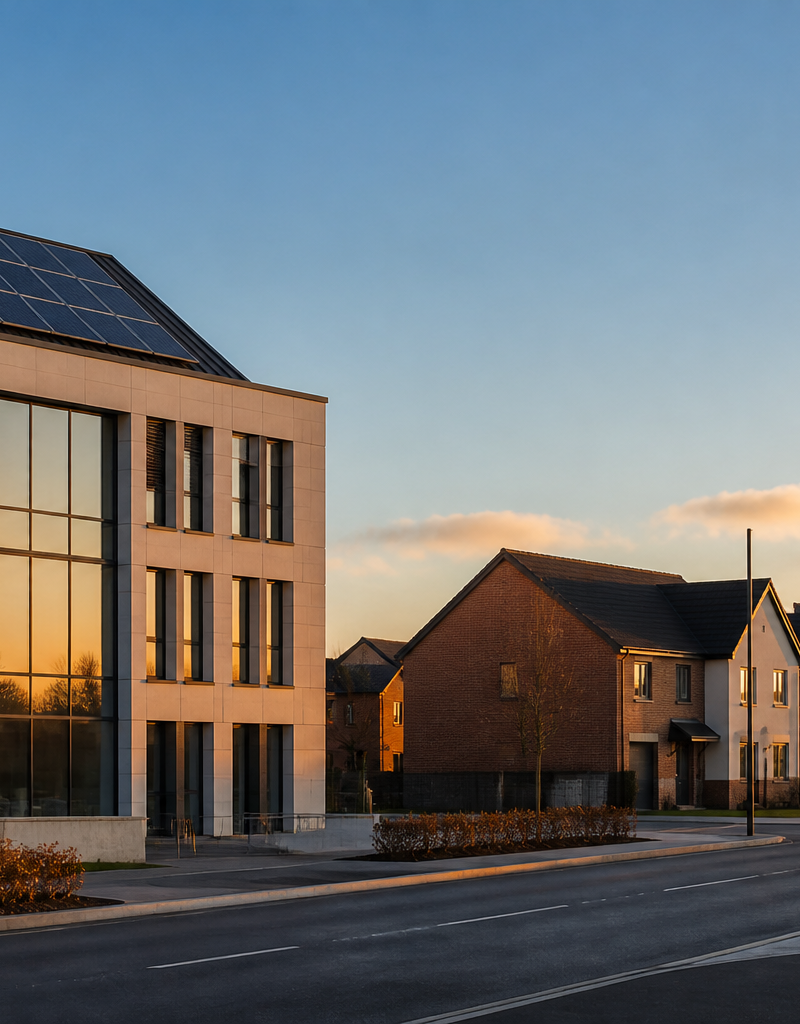 Commercial office building with rooftop solar panels beside suburban houses in the UK.