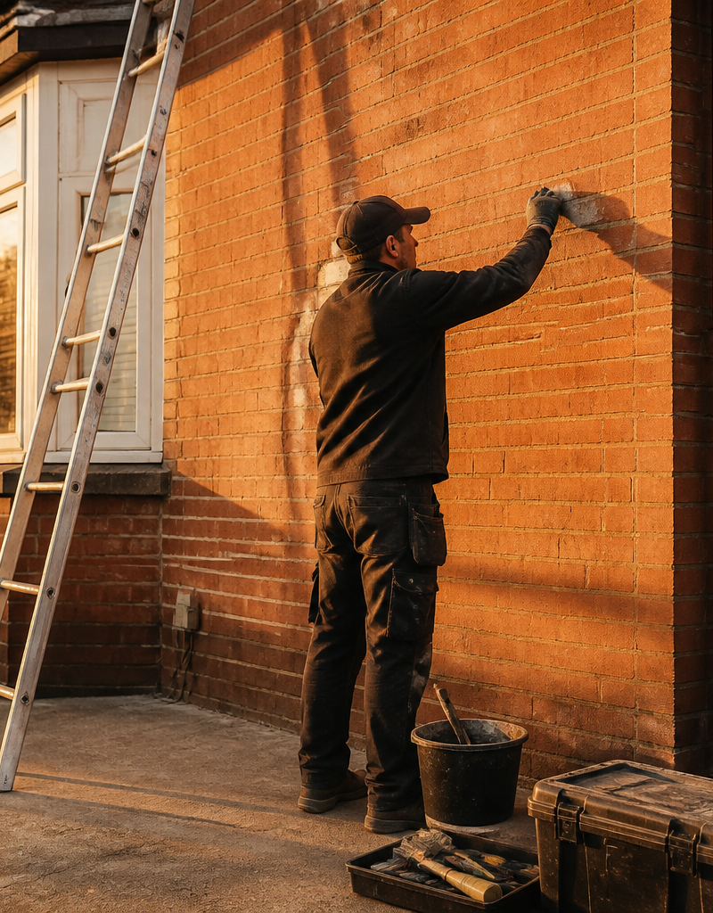 Technician applying mortar to external brickwork after cavity wall insulation on a UK house.