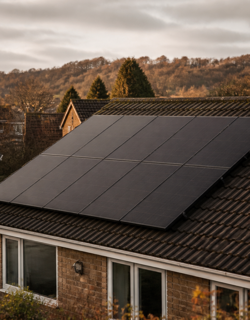 Rooftop solar panels installed on a residential house under an overcast British sky