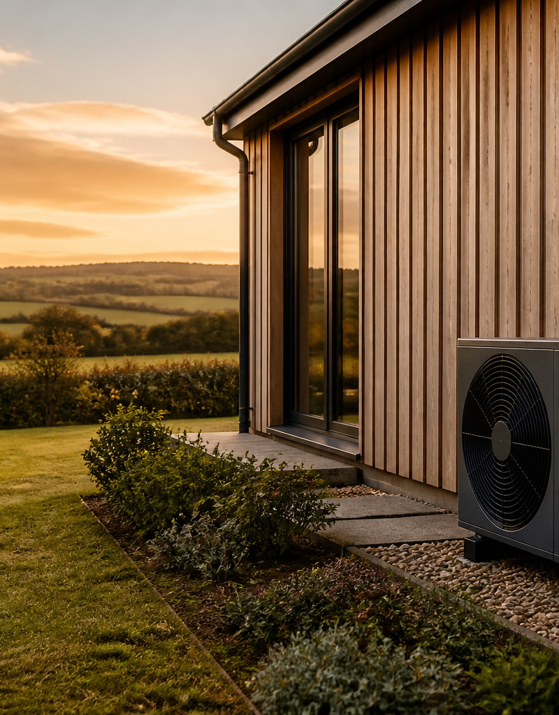 An air source heat pump unit installed outside a modern rural UK home.