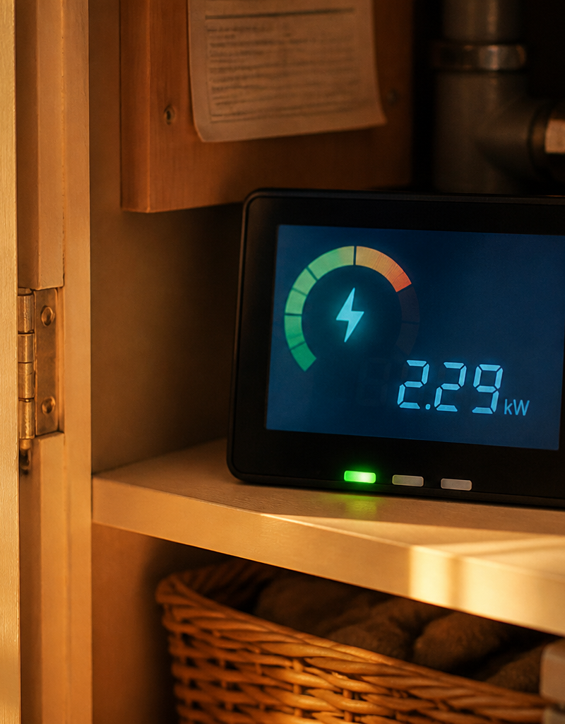 A digital smart meter screen showing energy usage readings in a domestic UK home.