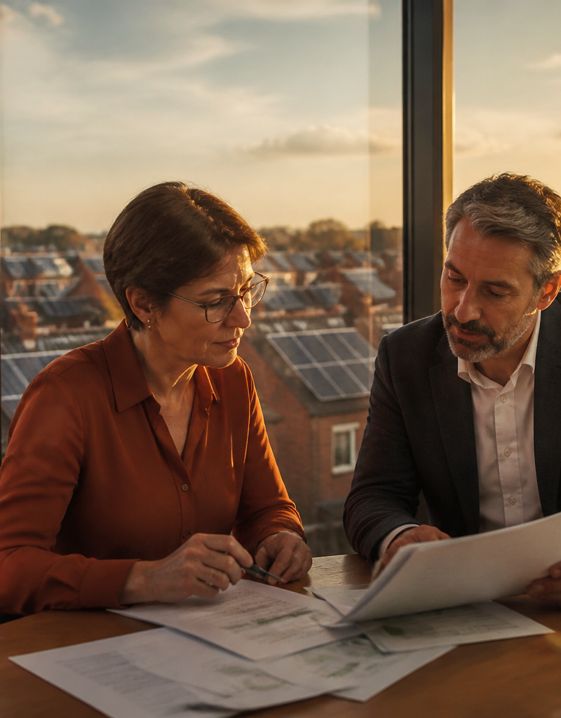 Corporate managers discussing sustainability strategy in a modern UK office overlooking suburban rooftops with solar panels