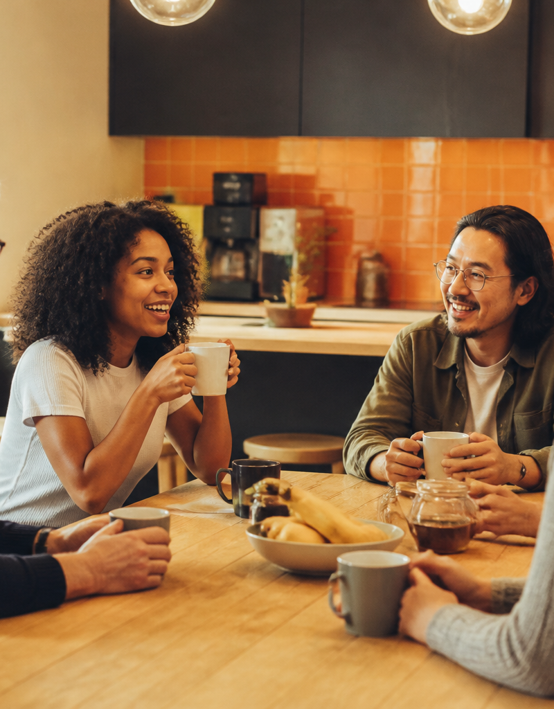 UK office workers chatting and drinking tea during a lunch break in a bright modern kitchen.