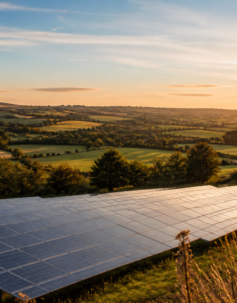 Rows of solar panels in a green British field under a clear blue sky