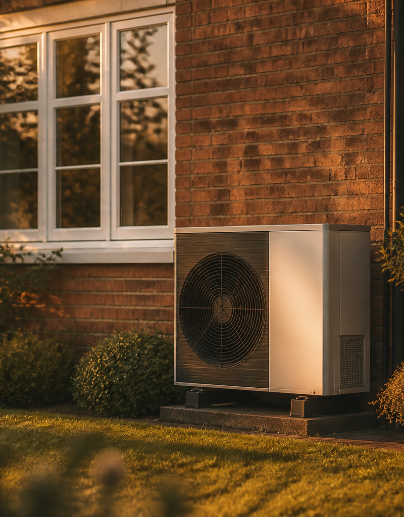 An air source heat pump outdoor unit mounted against an exterior red brick house wall.