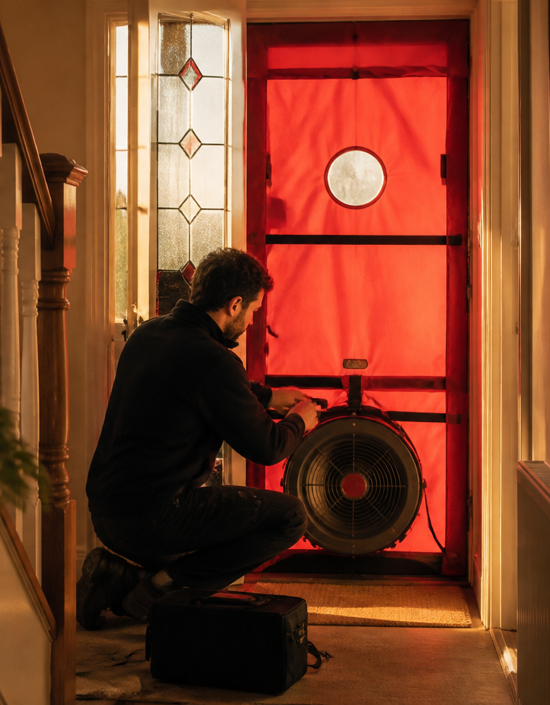 Technician conducting a blower door air tightness test in a UK home hallway with specialized equipment.