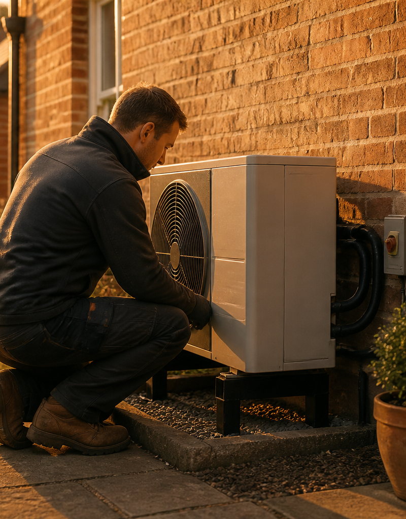 Installer inspecting a modern outdoor heat pump unit next to a British home.
