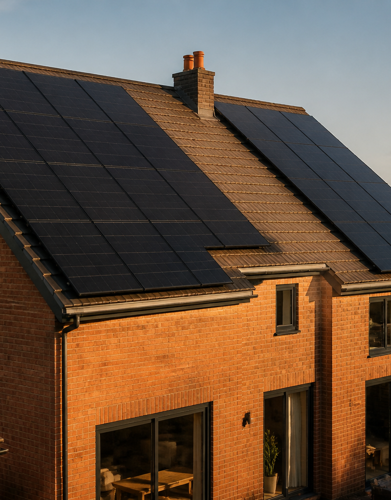 Solar panels installed on the dark tiled roof of a British home under a clear blue sky.