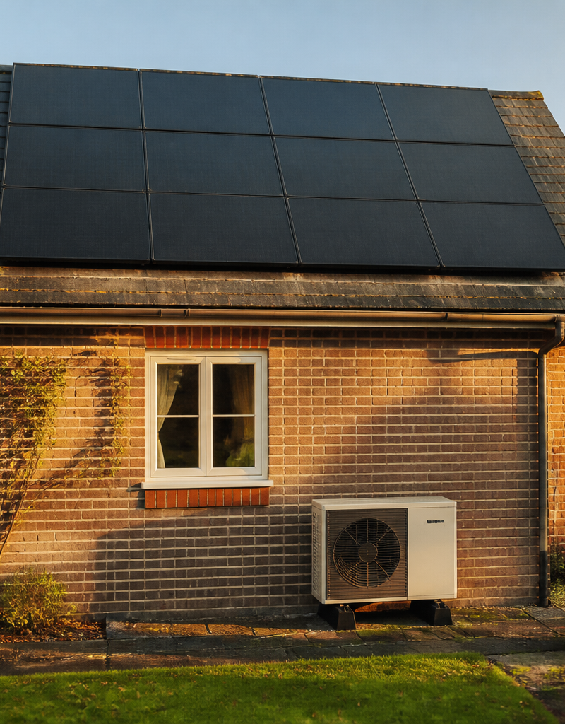 Rooftop solar panels and an outdoor heat pump unit installed on a British house.