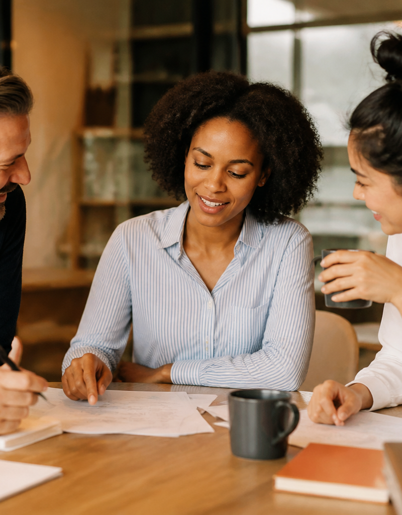 UK office colleagues discussing work plans together around a wooden table in a bright modern office
