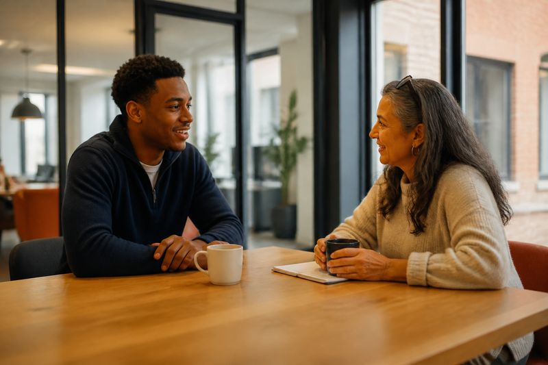 HR manager discussing employee benefits options with a job candidate in a bright modern UK office setting.