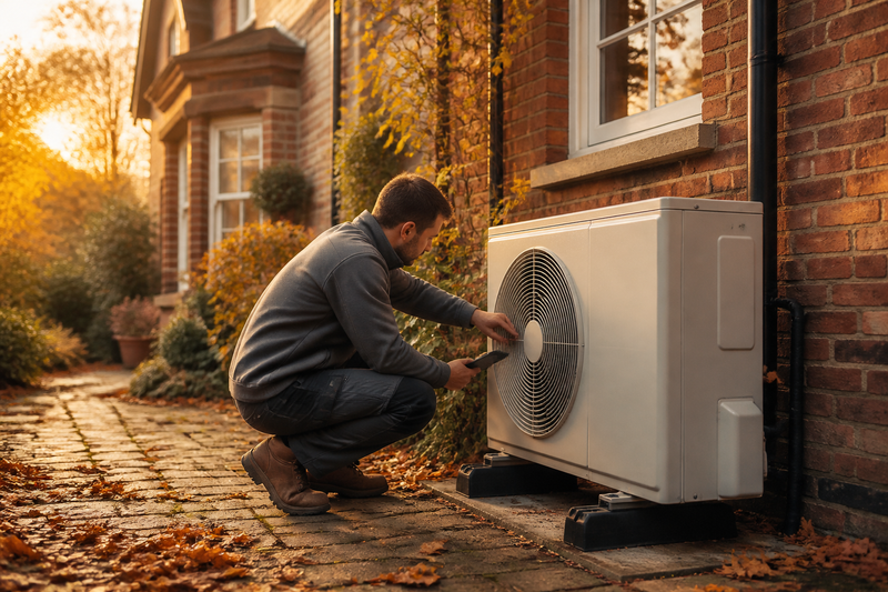 An accredited installer checking a outdoor heat pump unit beside a British brick house.