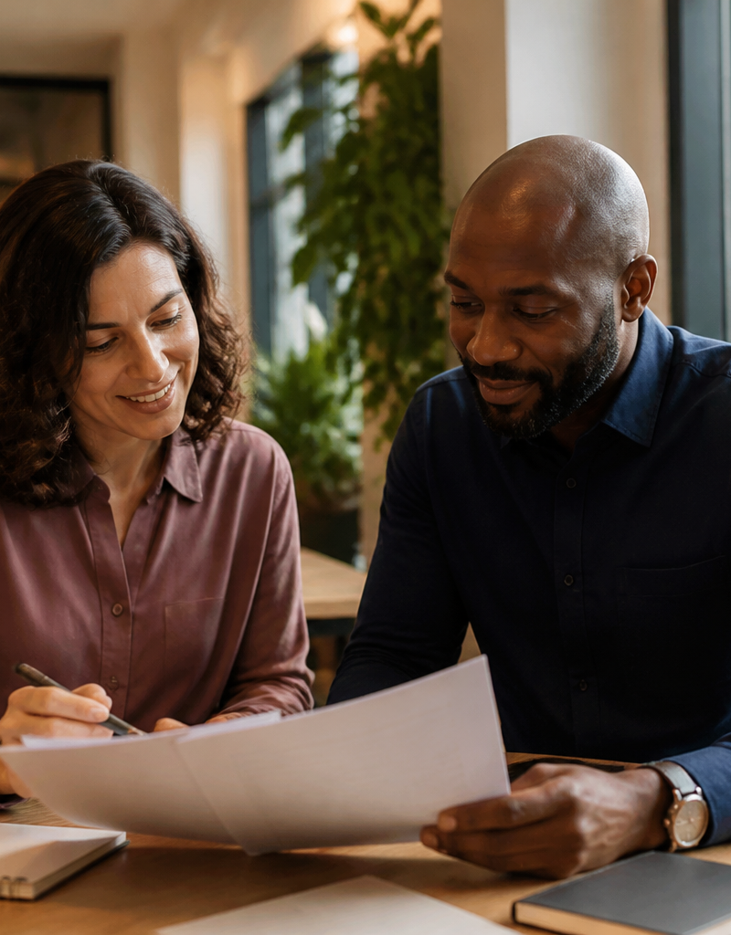 An HR lead and an employee discussing corporate benefits in a well-lit UK office.