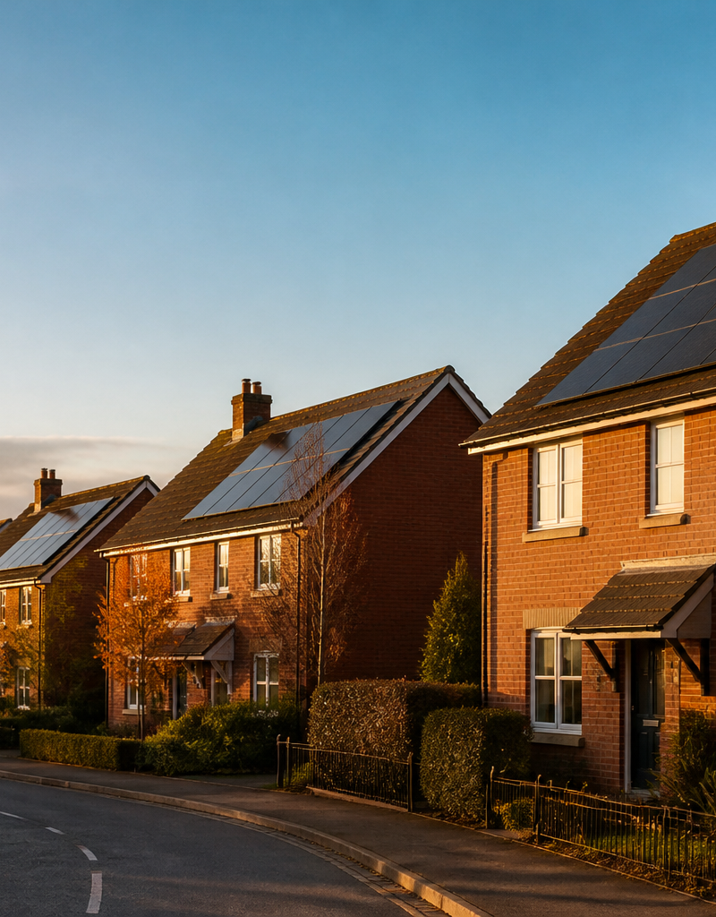 Rooftop solar panels installed on modern UK suburban homes under daylight.