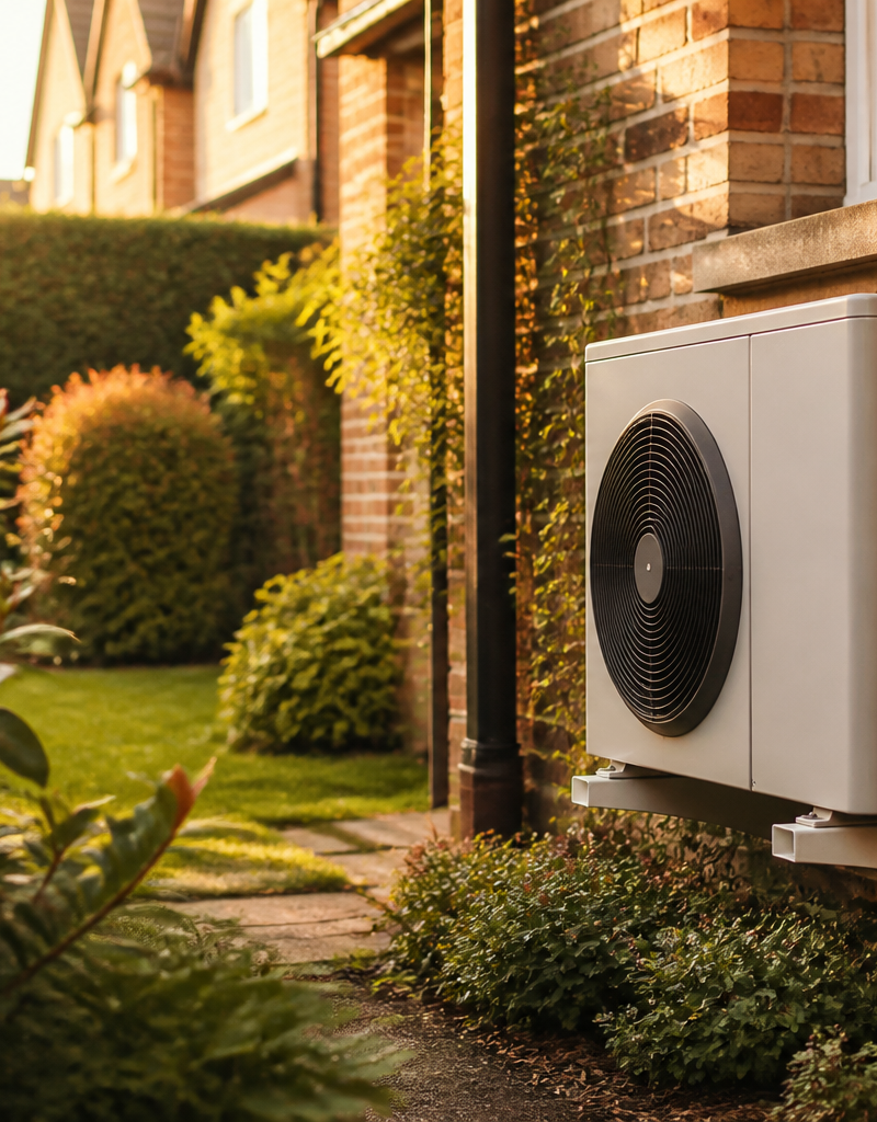 Air source heat pump outdoor unit installed outside a modern UK home.