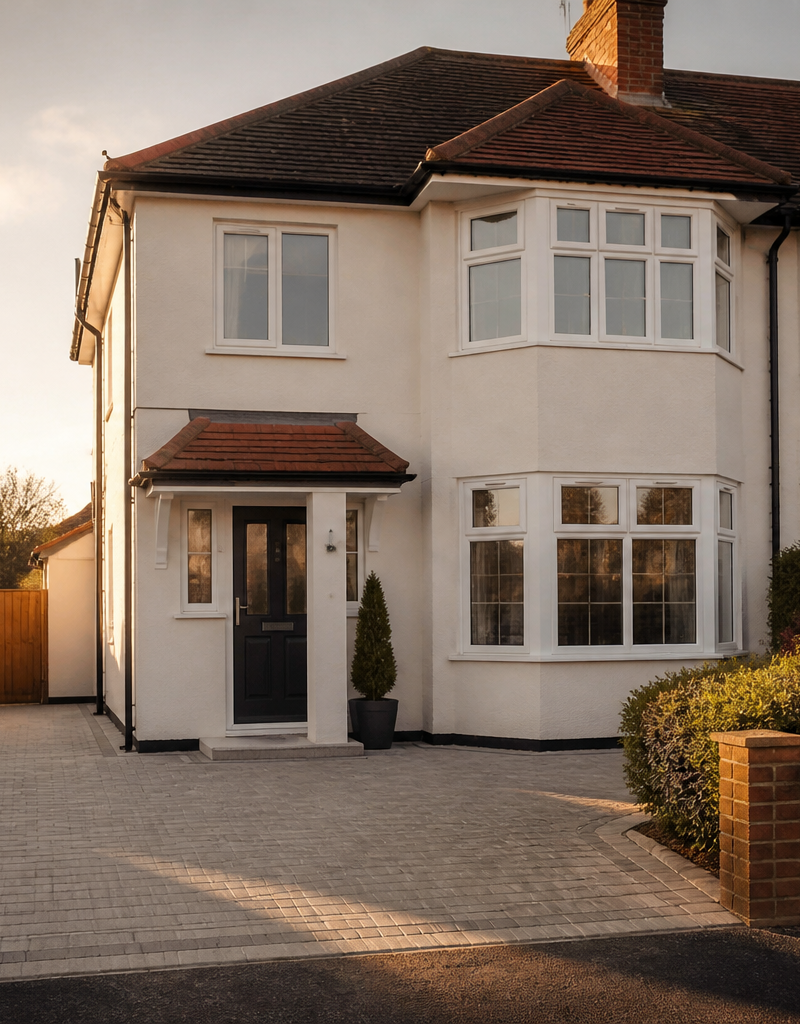 A renovated British semi-detached home with fresh light render following external wall insulation.