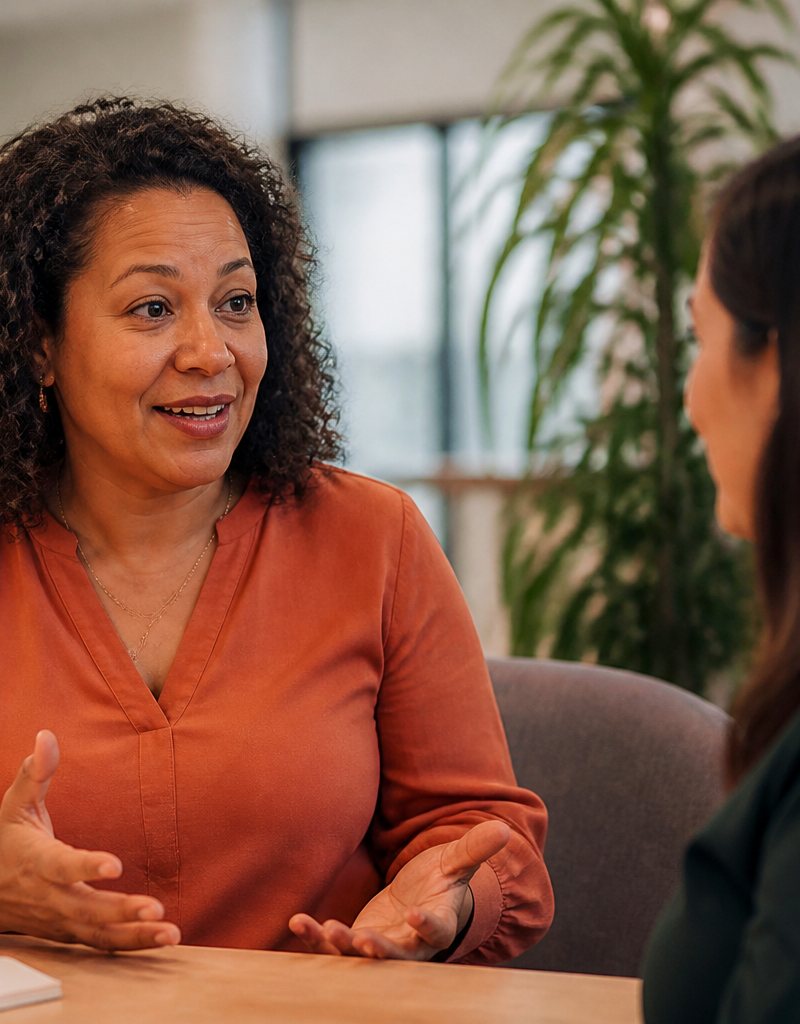 An HR manager discussing financial wellbeing benefits with an employee in a UK office.