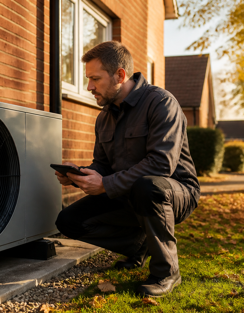 An installer inspecting an outdoor heat pump beside a British brick house.