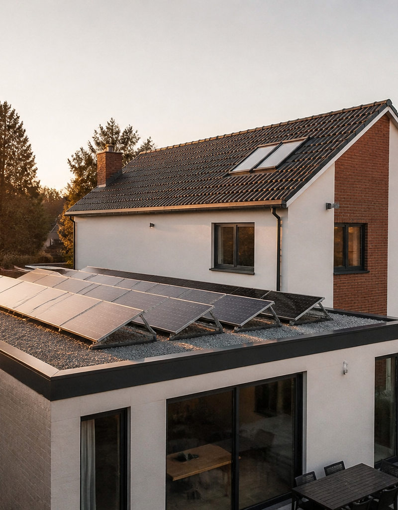 Ballasted solar panel array installed on a flat roof extension of a UK house.
