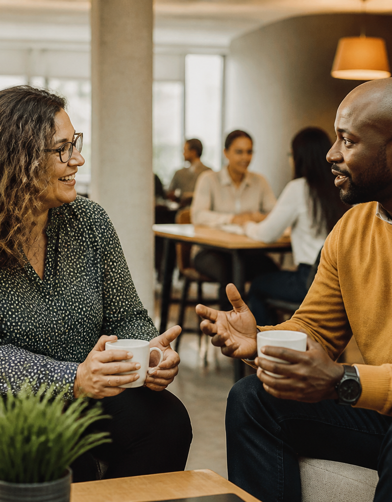 An HR manager and team member discussing workplace benefits in a bright UK office.