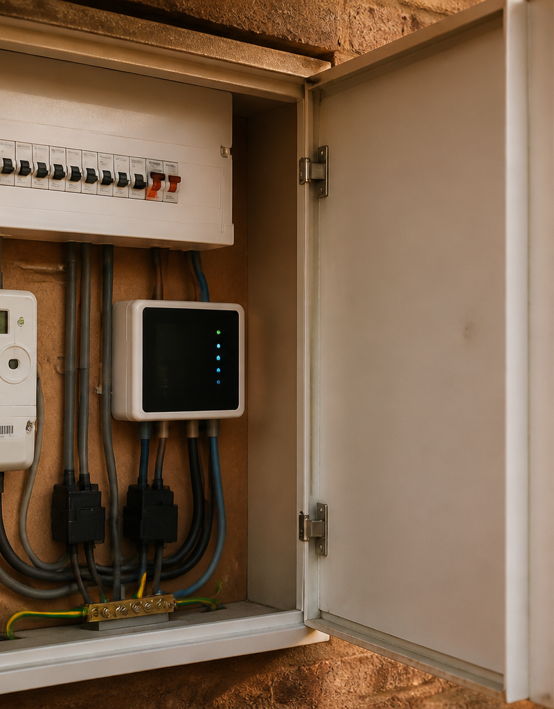 Domestic UK consumer unit fitted with current transformer clamps and export limitation control equipment.