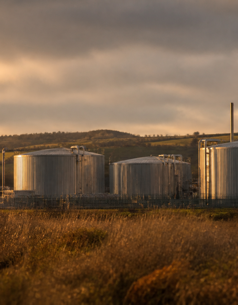 Large industrial gas storage tanks under a cloudy UK sky illustrating natural gas reserve levels.