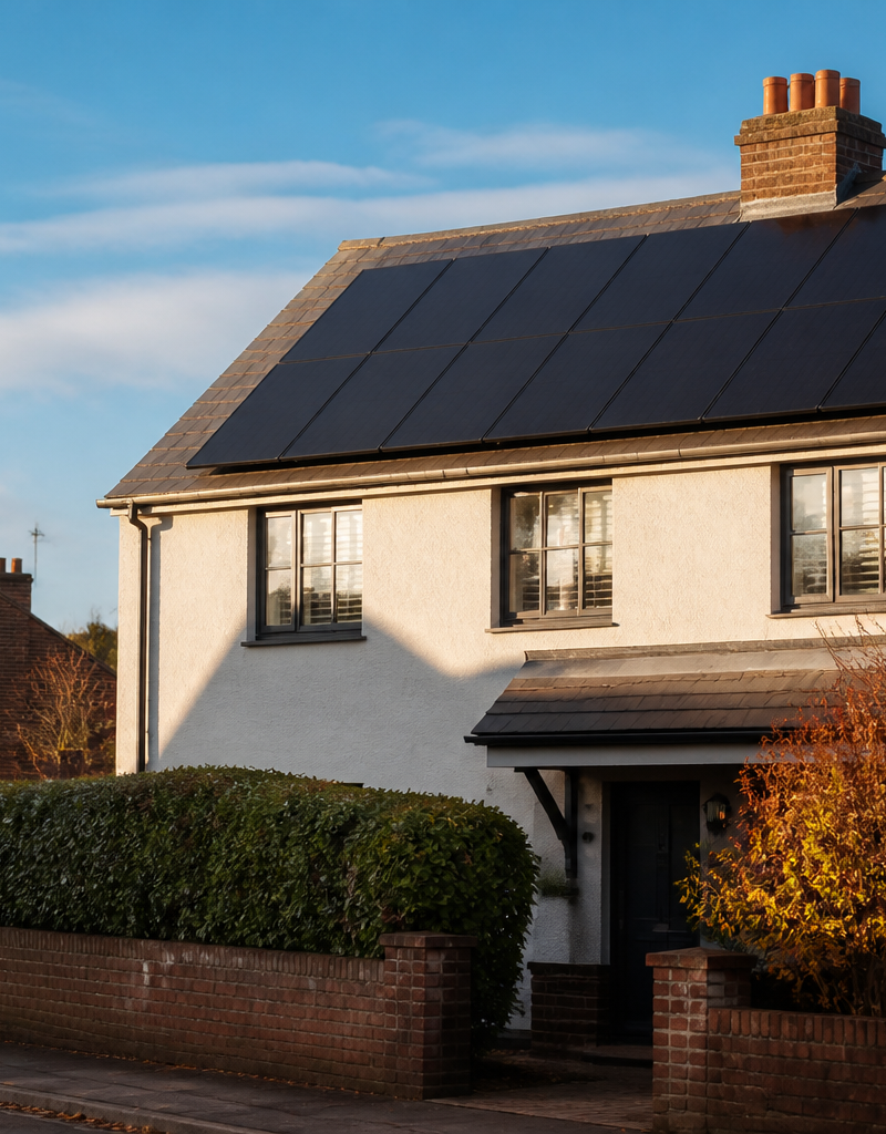 Modern rooftop solar panels installed on a British semi-detached house on a sunny day.