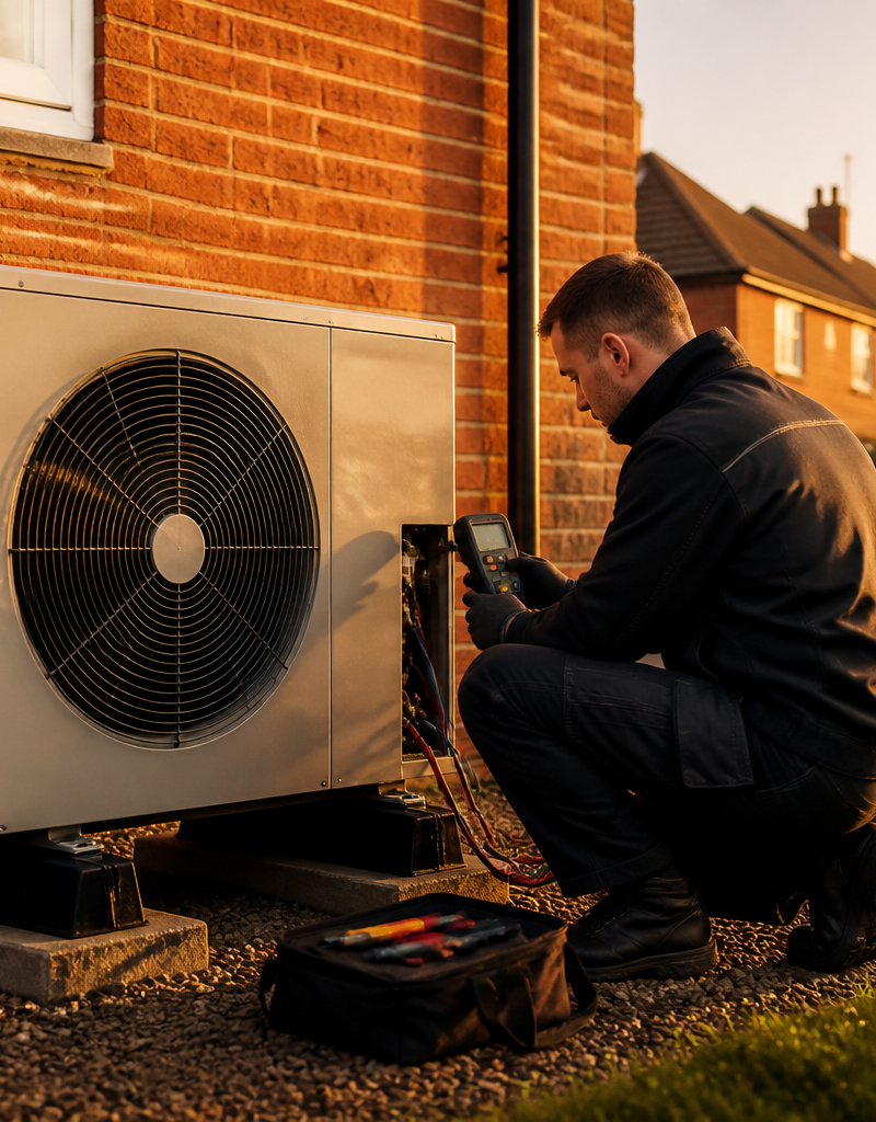 A heating engineer testing an outdoor heat pump unit beside a red brick home.