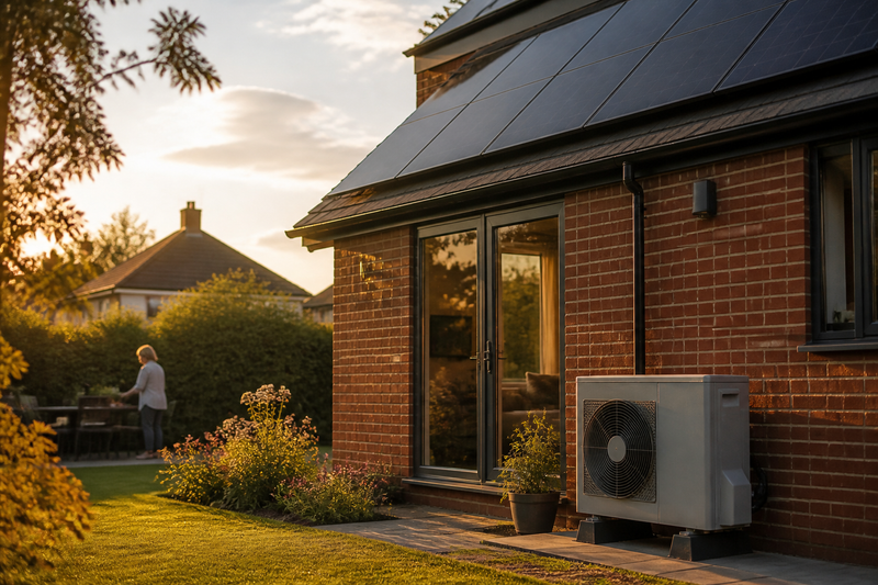 A British house featuring rooftop solar panels and an external air source heat pump unit in a suburban garden.