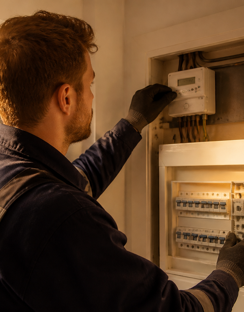 An electrician inspecting a digital smart electricity meter inside a UK home.