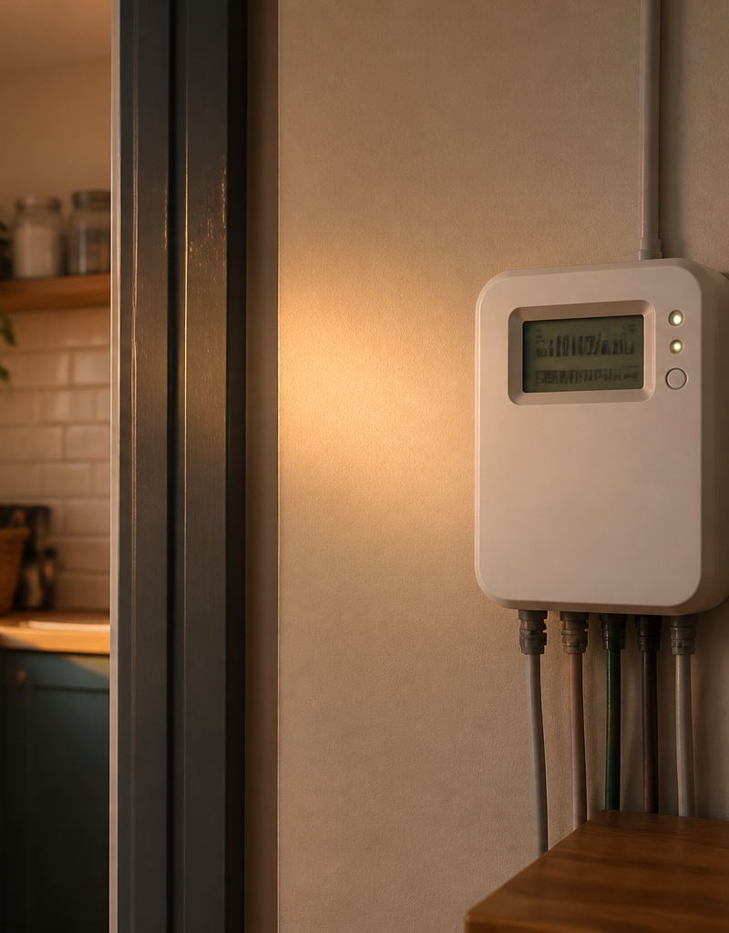A close up of a digital smart energy meter on a domestic wall displaying electricity consumption data.