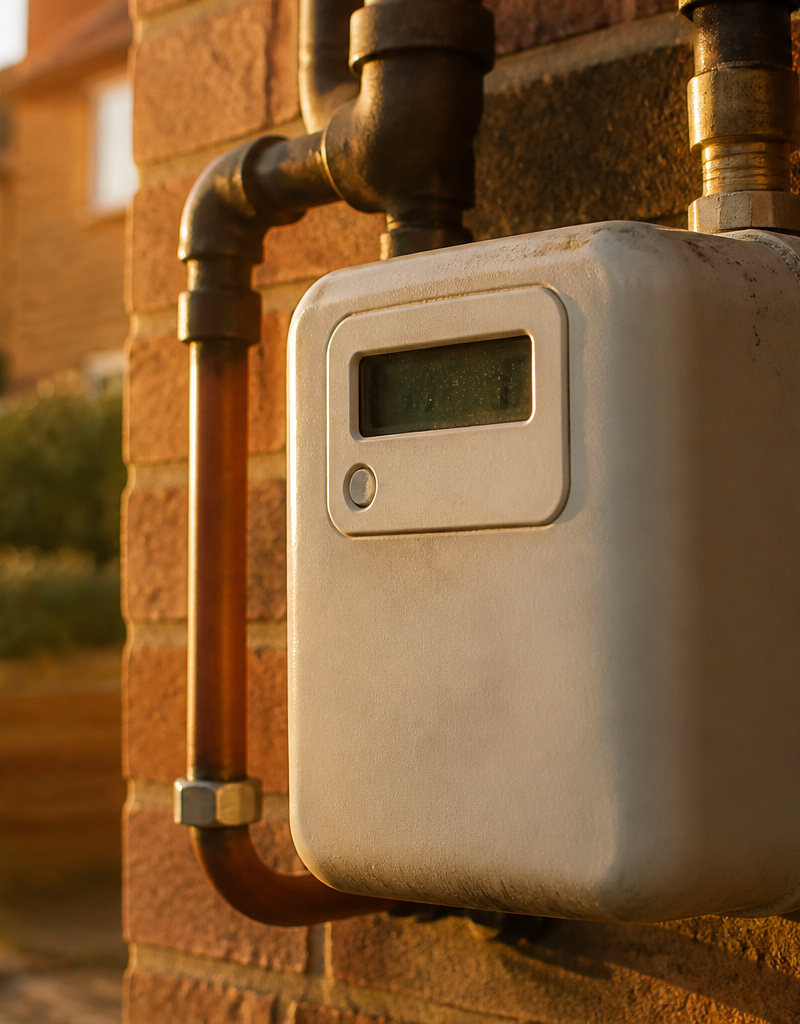 A modern domestic gas meter on an exterior brick wall of a UK house.