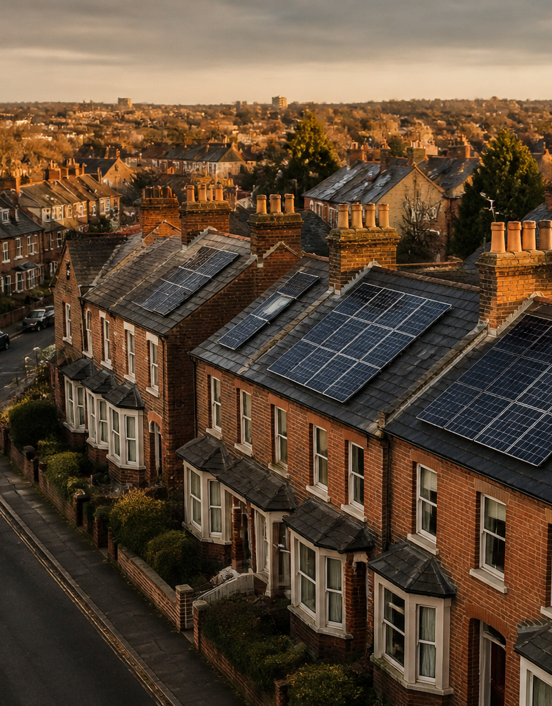 Aerial view of suburban UK houses featuring rooftop solar panels.