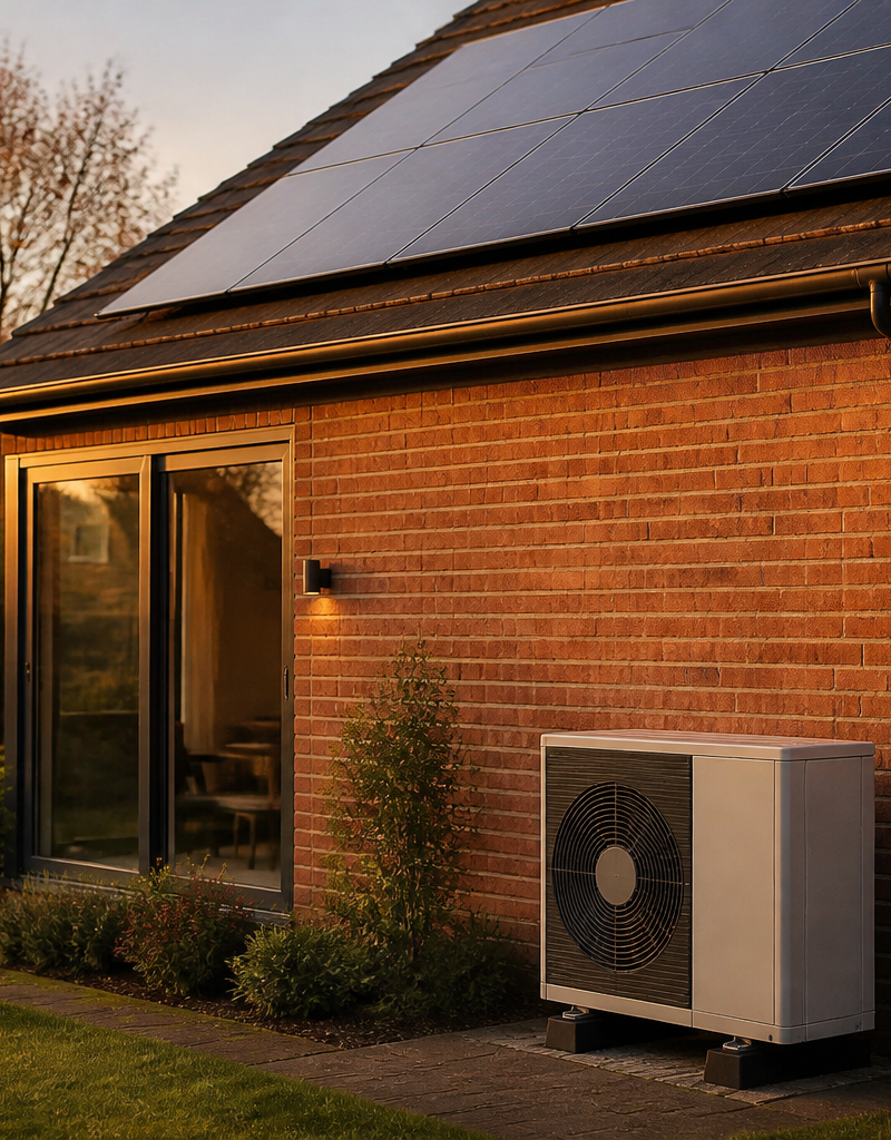 A British home featuring rooftop solar panels and an external heat pump unit.