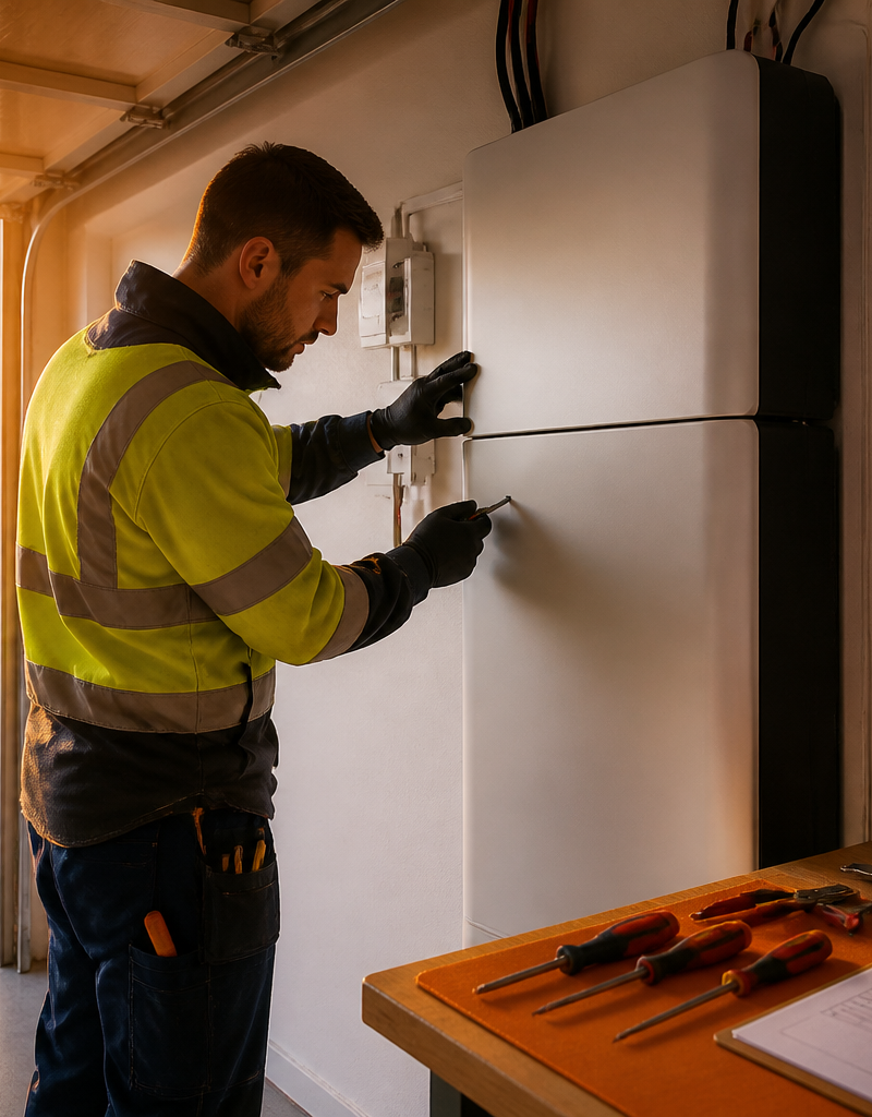 An electrician installing a modern white home battery unit inside a tidy UK domestic garage.