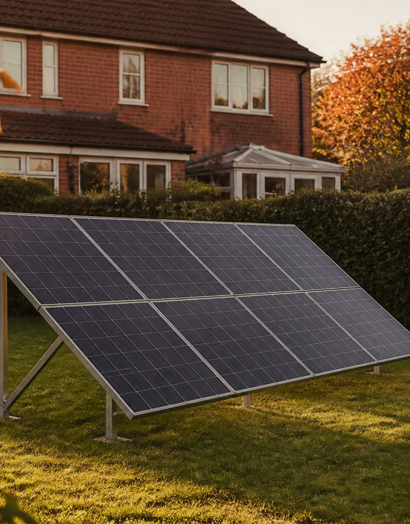 Ground-mounted solar panel array installed on an aluminium frame in a sunny UK garden.