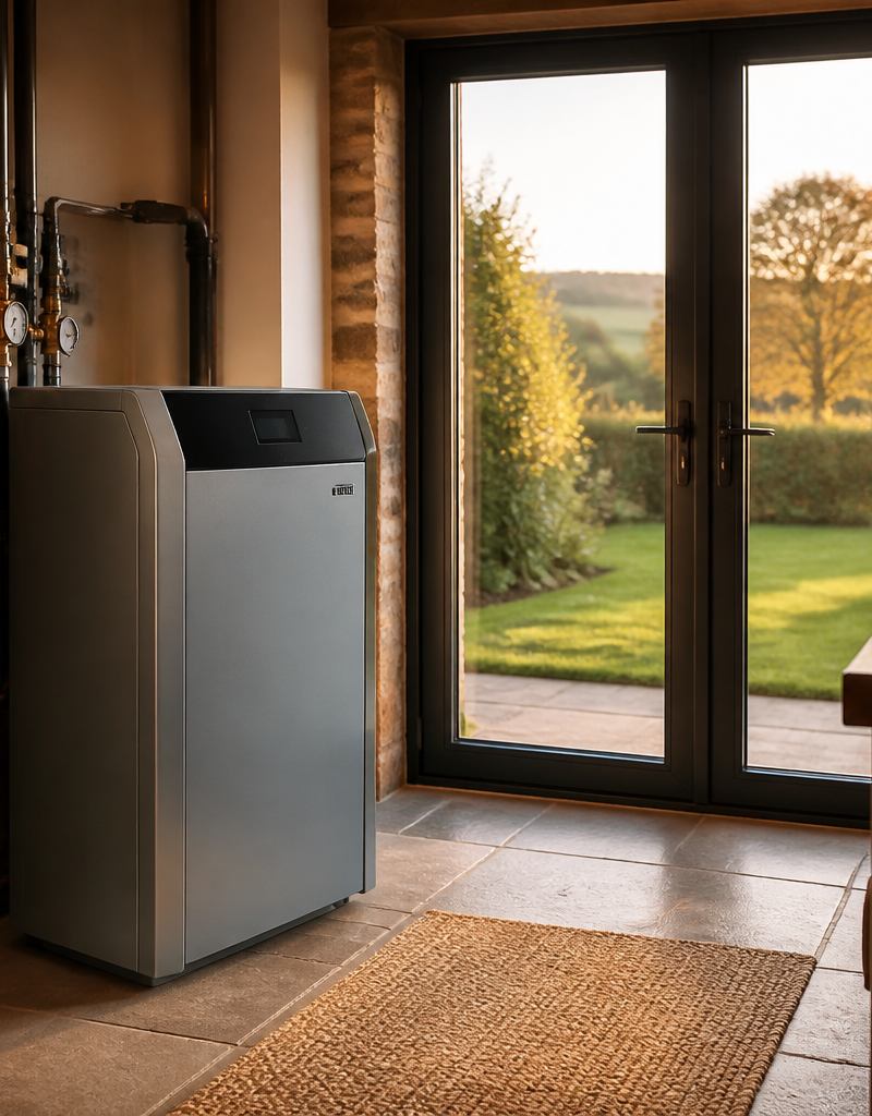 A ground source heat pump unit neatly installed inside a modern UK home utility room.