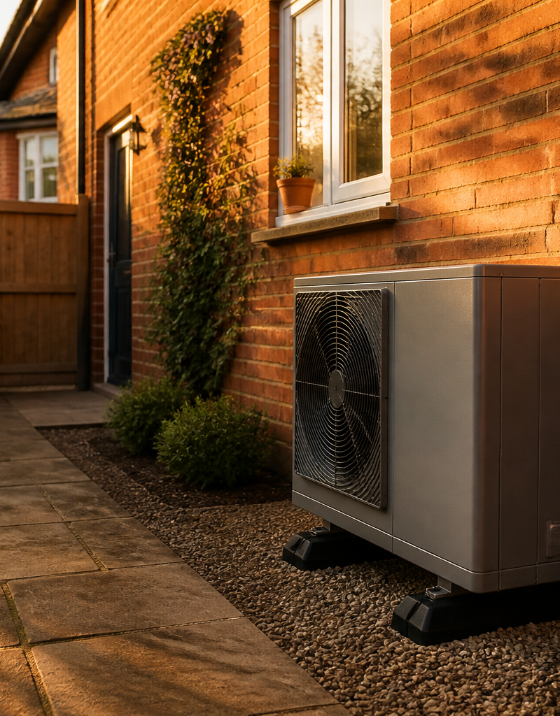 Air source heat pump outdoor unit installed outside a British brick home.