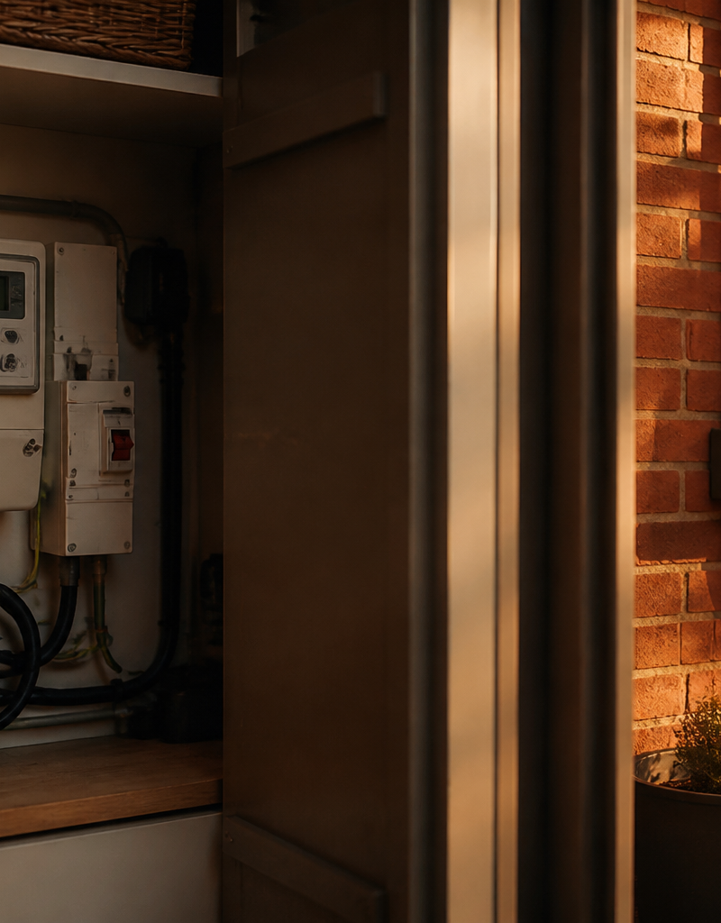 UK domestic electricity meter board and solar hybrid inverter installed neatly inside a modern home utility room.